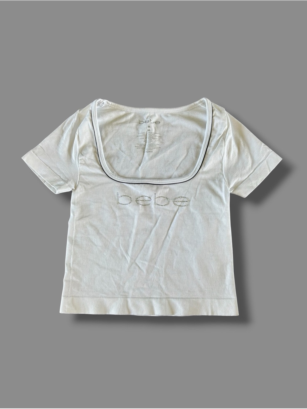 [Bebe] White Cropped Tee w Rhinestone Logo